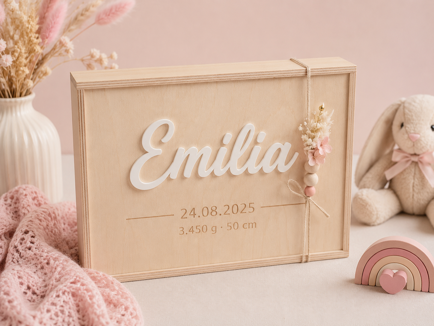 Holz-Erinnerungskiste mit 3D-Acrylnamen, Kordel und Perlen für Babymomente