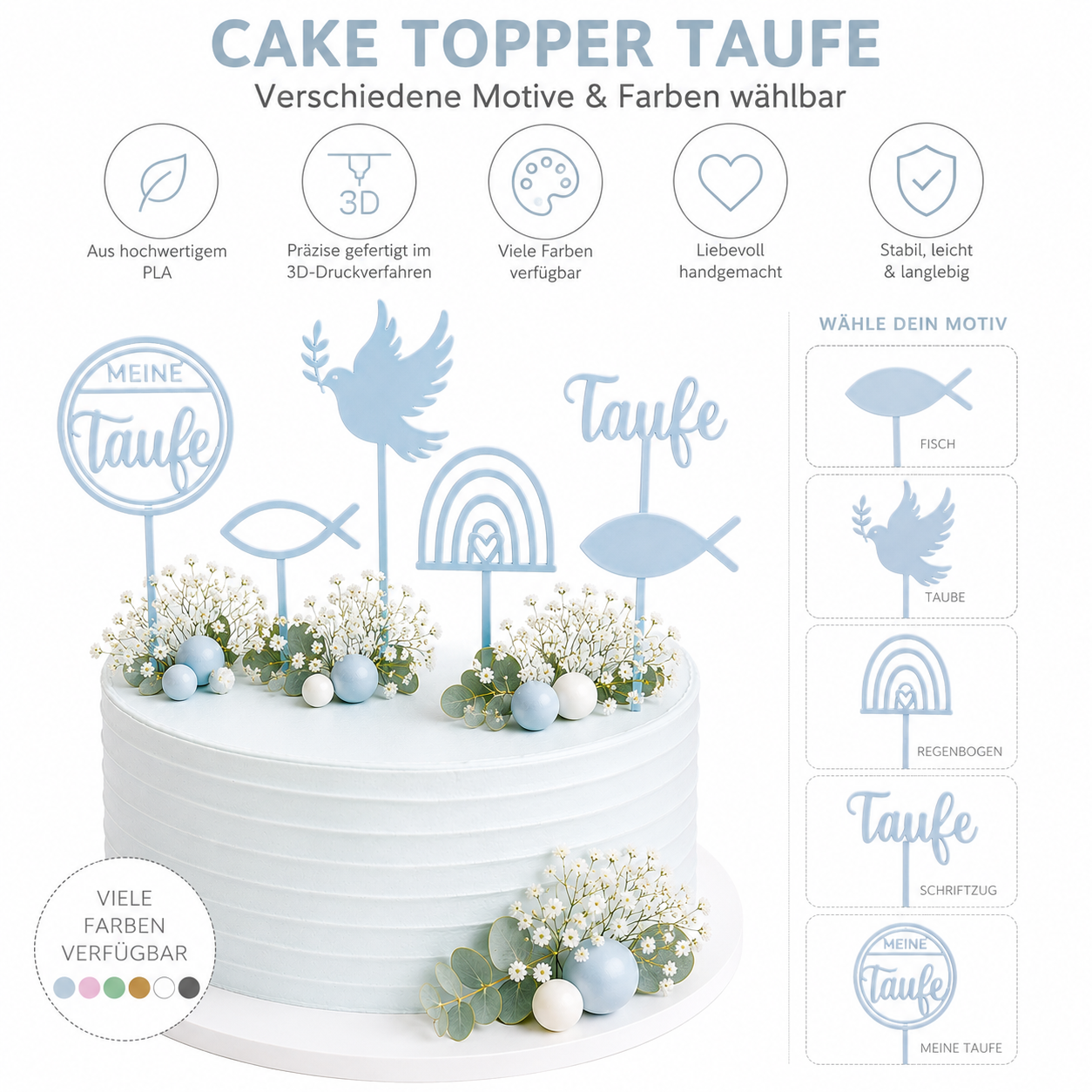 Bunte Caketopper Taufe aus PLA mit Fisch, Taube und Regenbogen in verschiedenen Farben