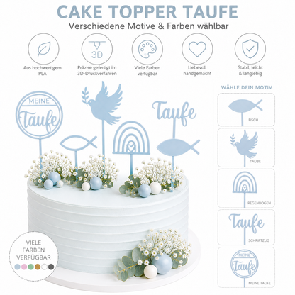 Bunte Caketopper Taufe aus PLA mit Fisch, Taube und Regenbogen in verschiedenen Farben