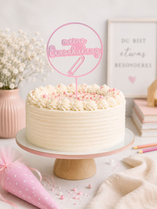 3D-gedruckter Caketopper „meine Einschulung“ aus biologisch abbaubarem PLA in verschiedenen Farben zur Dekoration von Einschulungstorten