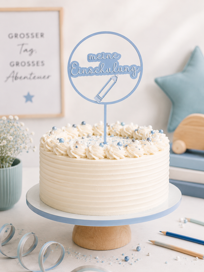 3D-gedruckter Caketopper „meine Einschulung“ aus biologisch abbaubarem PLA in verschiedenen Farben zur Einschulungsfeier