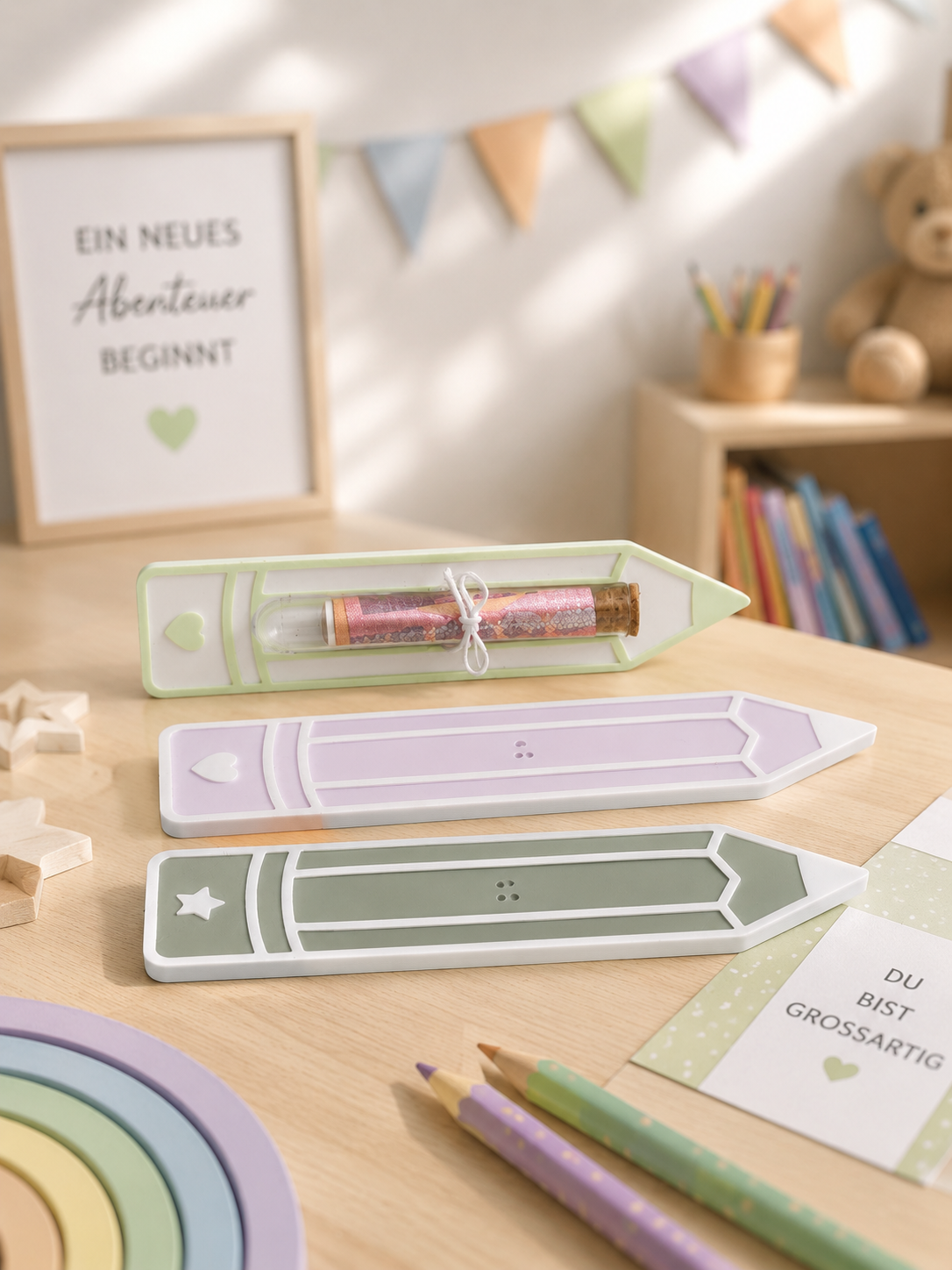3D-gedruckter Stift mit Reagenzglas als Geldgeschenk zur Einschulung, personalisierbar und stilvoll für den Schulanfang