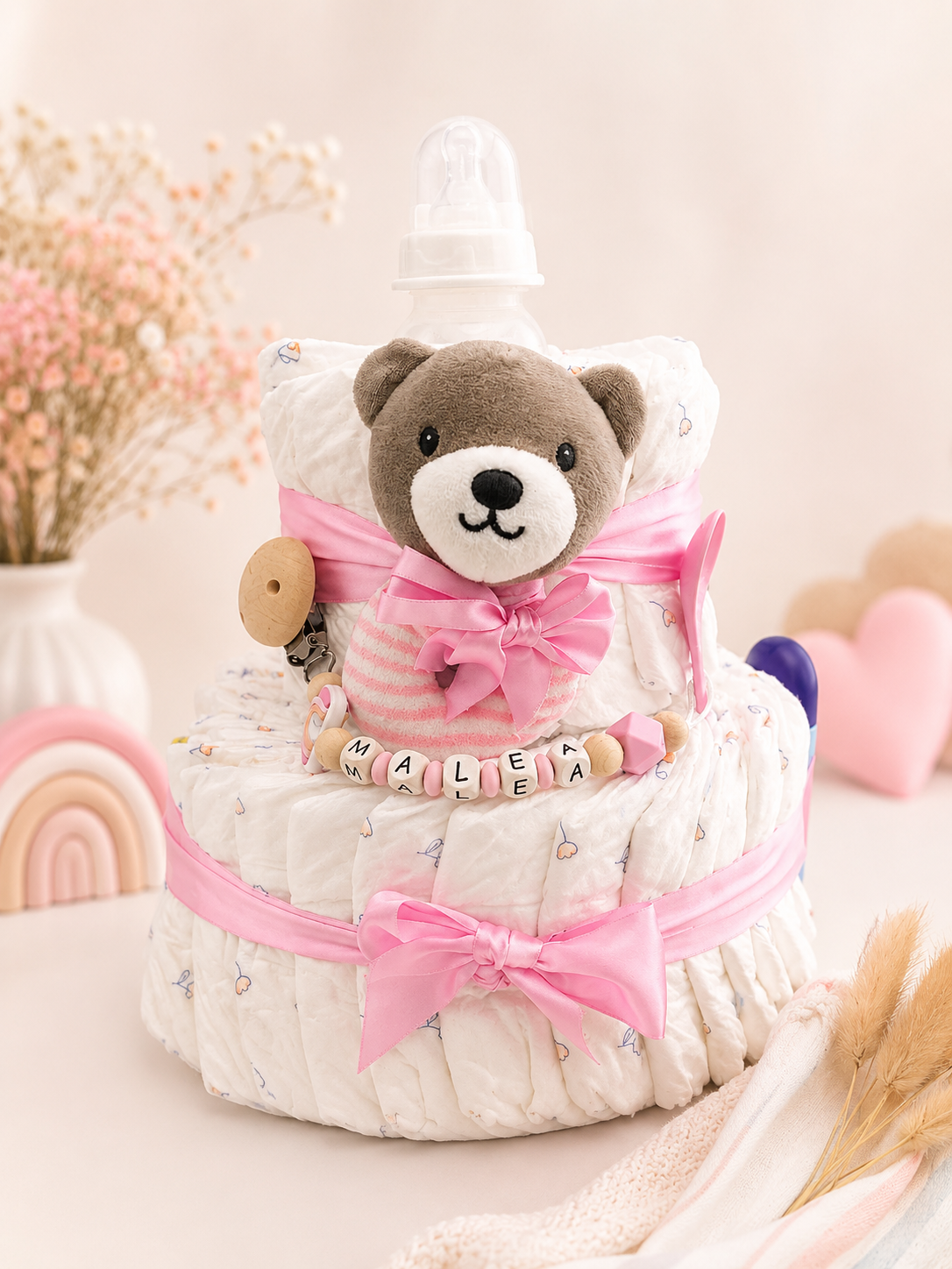 Handgefertigte Windeltorte mit Schnullerkette und Babyzubehör als Geschenk für werdende Eltern