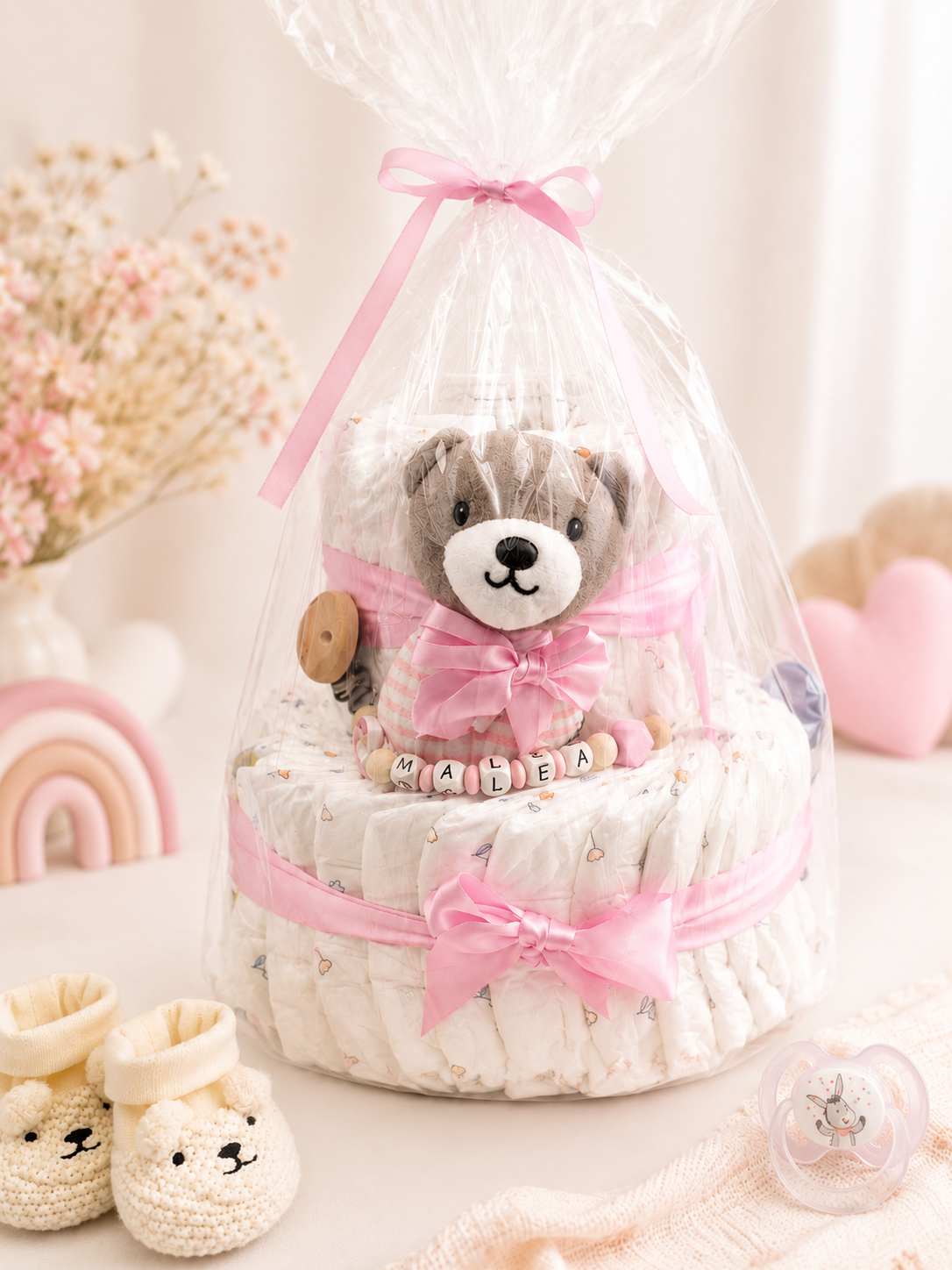 Windeltorte mit Schnullerkette und Babyzubehör als Geschenk für werdende Eltern