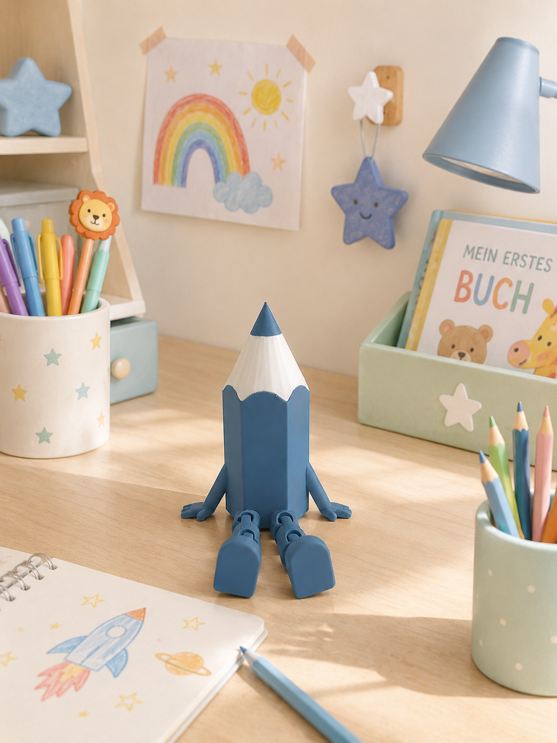 Bunter 3D-gedruckter Stift mit Wackelbeinen als Einschulungsdekoration