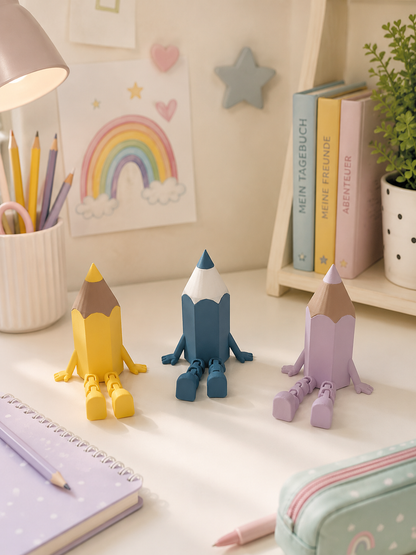 Bunter 3D-gedruckter Einschulungsstift mit Wackelbeinen als Dekoration und Geschenk
