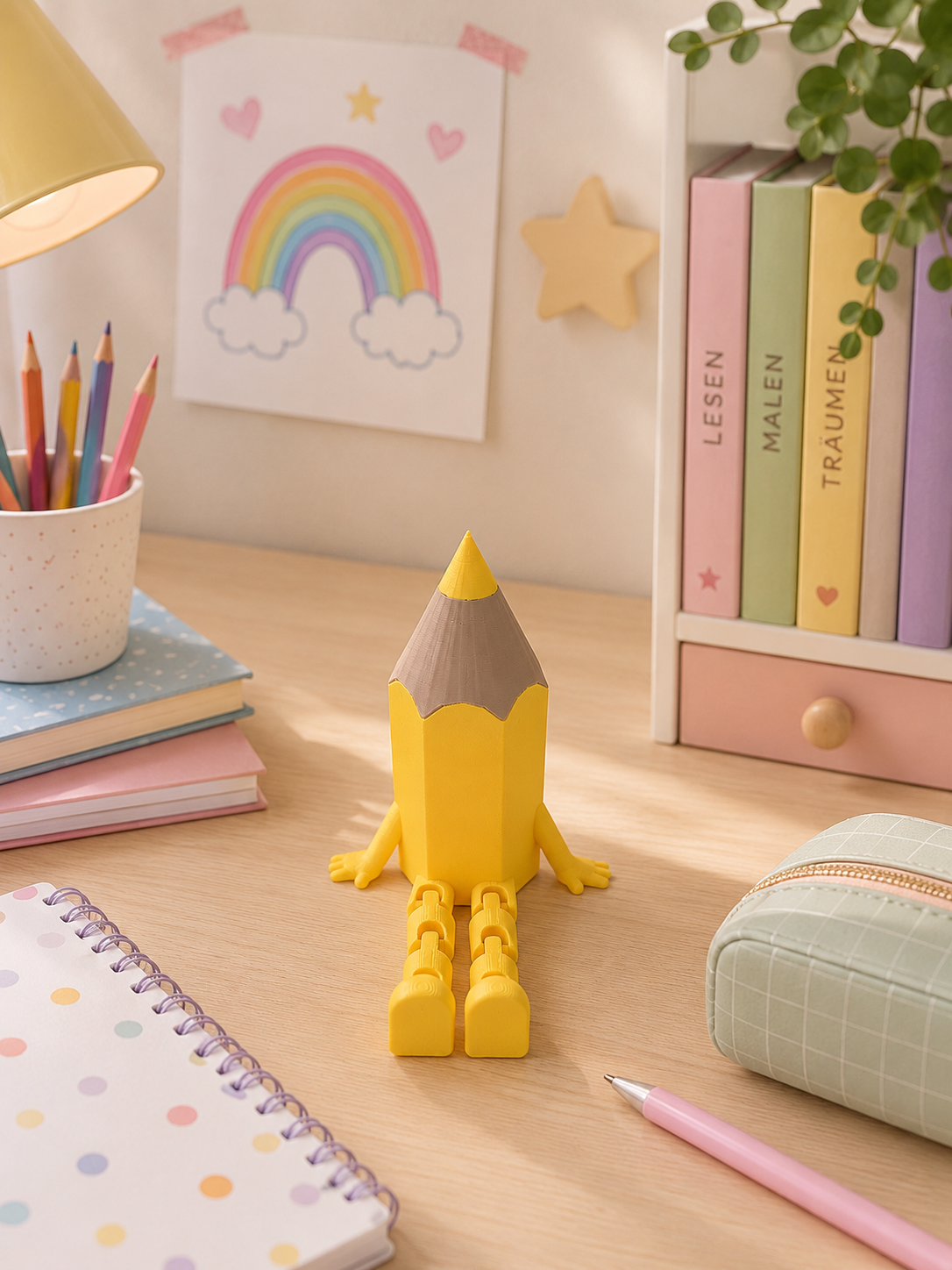 3D-gedruckter bunter Stift mit wackelnden Beinen als Einschulungsdeko und Geschenk