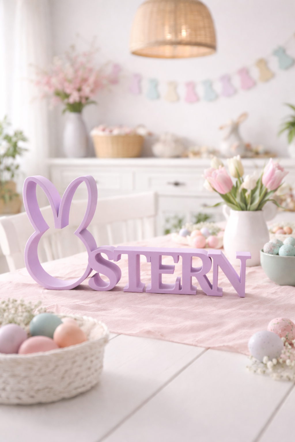 Moderner Ostern-Schriftzug mit Hasenmotiv als stilvolle Osterdeko für Zuhause