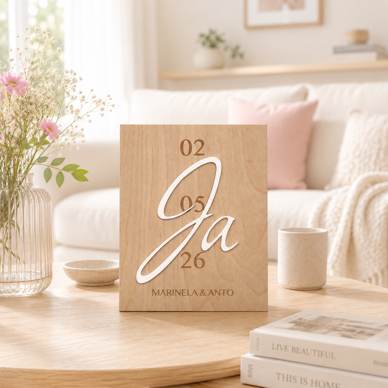 Personalisierte Geschenkbox Hochzeit aus Holz mit Gravur, Reagenzglas und Trockenblumen für Geldgeschenk