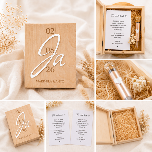 Personalisierte Geschenkbox Hochzeit aus Holz mit Gravur, Reagenzglas und Trockenblumen für Geldgeschenk