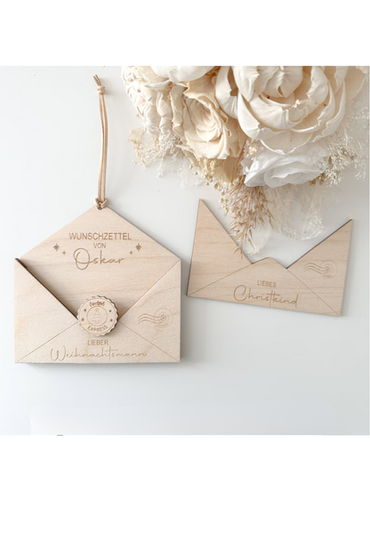 Weihnachten Holzbox für Wunschzettel in Umschlagform, Weihnachtsdeko, handgefertigt, ca. 12.5 cm, Weihnachtsmann und Christkind Design.