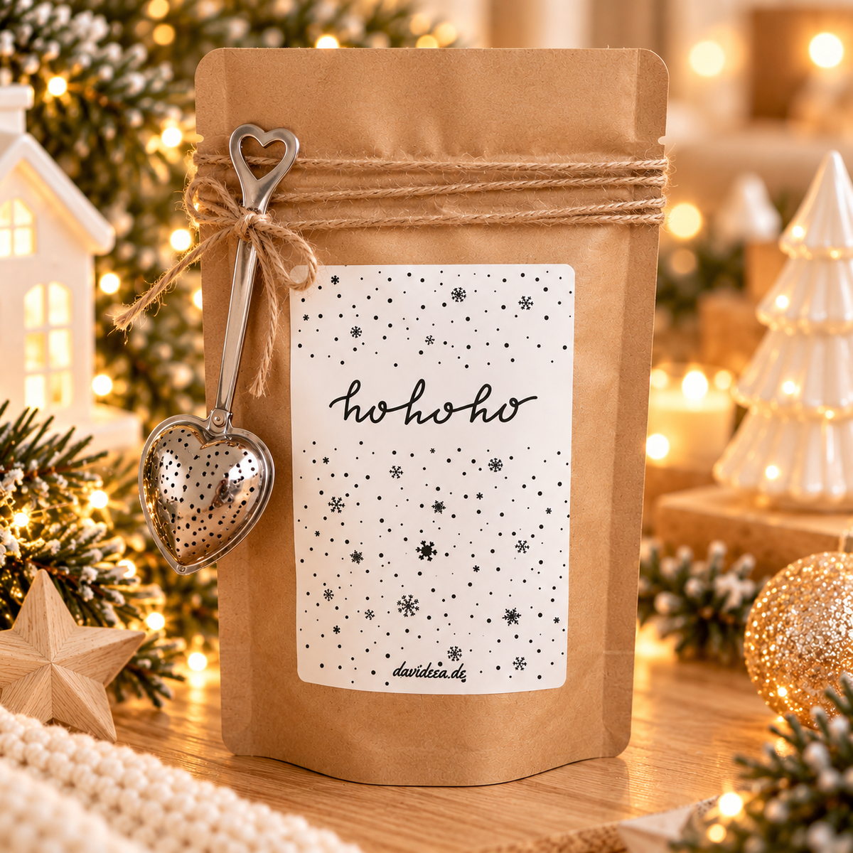 Kaffee in einer naturbraunen Papiertüte mit Jutekordel, herzförmigem Anhänger und weißem „ho ho ho“-Weihnachtsetikett