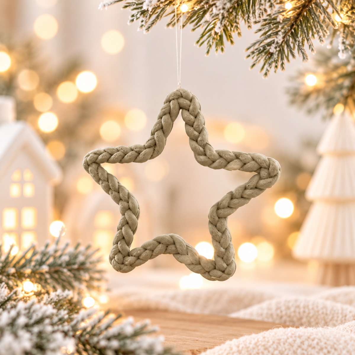 Weihnachtsstern als Weihnachtssterne Deko in beige, mit markanter geflochtener Strickoptik und Aufhängefaden