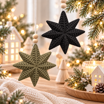 Weihnachtssterne Deko: zwei achtzackige Sterne in Schwarz und Olivgrün mit plastischer Strickoptik und Aufhängung