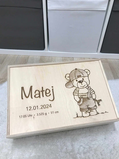 Personalized wooden memory box with engraved birth details and cute bear design, ideal for baby keepsakes.
