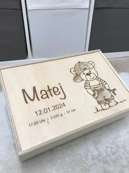 Personalized wooden memory box with engraved birth details and teddy bear design.