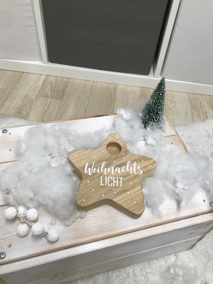 Kerzenhalter Stern aus Eichenholz, natürliche Weihnachtsdekoration, rustikales Design.