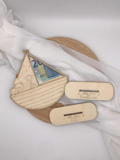 Creative wooden boat money gift for baptism, communion, confirmation with greetings, assembly required.