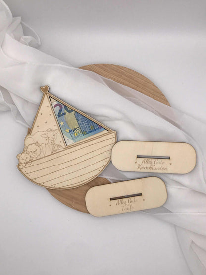 Kreatives Geldgeschenk Boot aus Sperrholz für Taufe, Kommunion, Firmung oder Konfirmation.