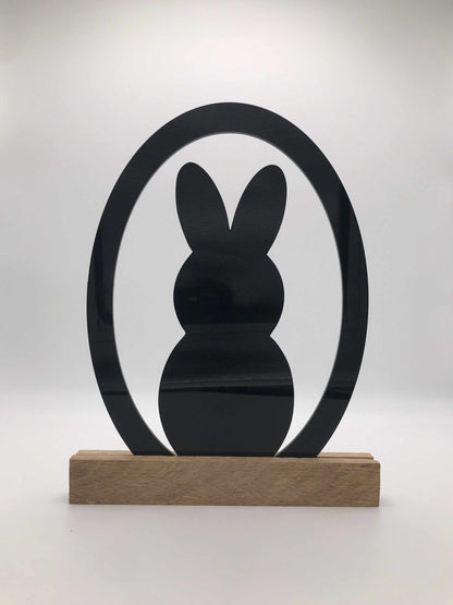 Osterdekoration "Frohe Ostern" aus Acryl und Holzklötzchen, modernes festliches Design.