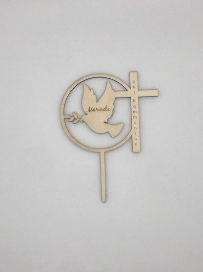 Caketopper aus Holz mit Taube und Kreuzdesign für Taufe oder Kommunion.