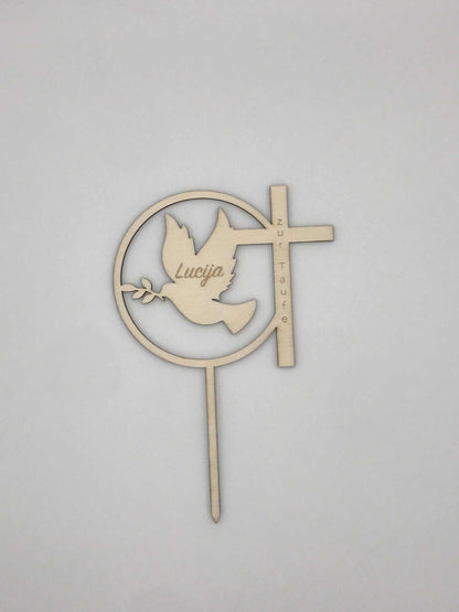 Caketopper in Form einer Taube und Kreuz für Taufe aus Sperrholz, personalisierbar.