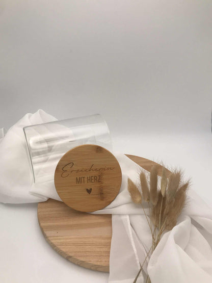 Personalized glass jar with bamboo lid for educator gift.