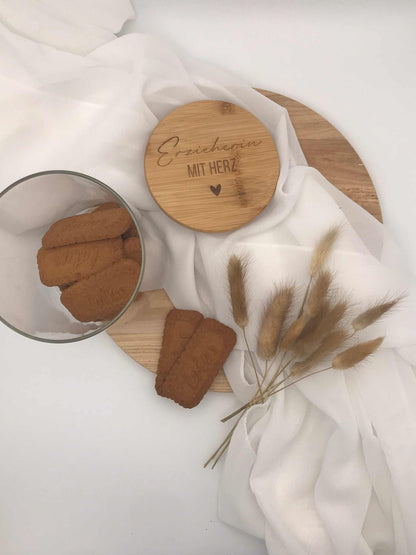 Vorratsglas als Abschiedsgeschenk für Erzieherin mit personalisierbarem Bambusdeckel, ideal für Kindergarten oder Grundschule.
