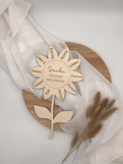 Abschiedsgeschenk personalisierte Blume mit Kindnamen für Erzieherinnen im Kindergarten.