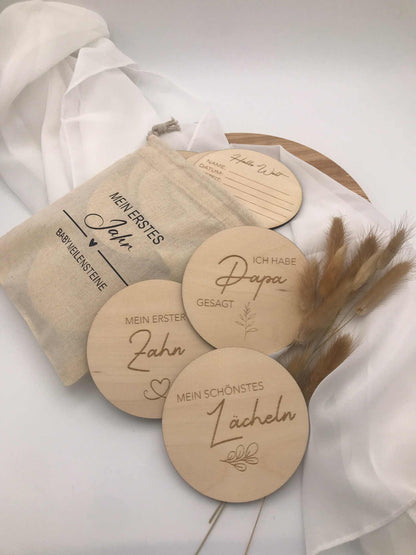 Holzscheiben für Babys Meilensteine mit Gravuren, Fotorequisite zur Geburt und Babyparty.