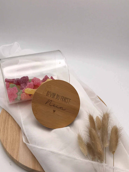 Vorratsdose mit Bambusdeckel für Süßigkeiten und Snacks, 900 ml, inspirierender Spruch auf Deckel