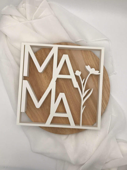 Mama Schriftzug 3D Druck Dekoration aus Holz, Geschenk für Muttertag, handgemacht, weiß.