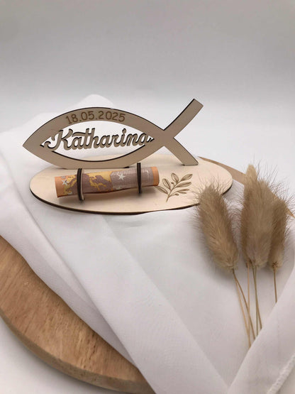 Creative wooden money gift holder for religious celebrations with personalized fish design.