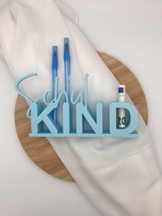 Personalisierter Tischaufsteller „Schulkind“ mit Reagenzglas als kreatives Geldgeschenk zur Einschulung.