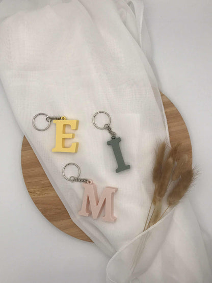 Buchstaben-Schlüsselanhänger aus 3D-Druck in verschiedenen Farben – Beispiel E, I, M auf Holzplatte.