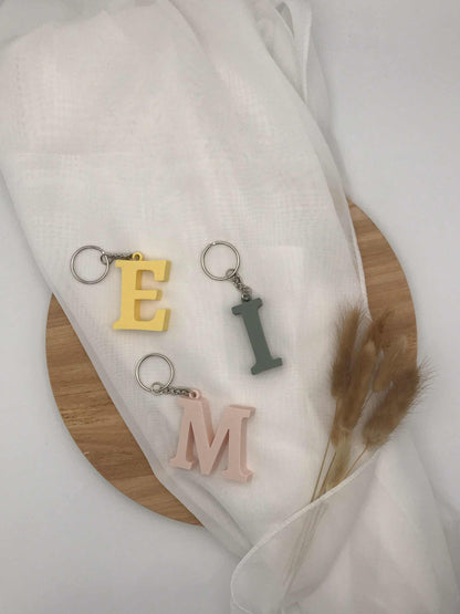Buchstaben-Schlüsselanhänger aus 3D-Druck in verschiedenen Farben auf weißem Hintergrund.