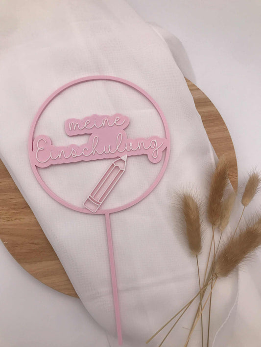 Pink 3D printed "meine Einschulung" cake topper made from eco-friendly PLA, perfect for school enrollment cake decoration.