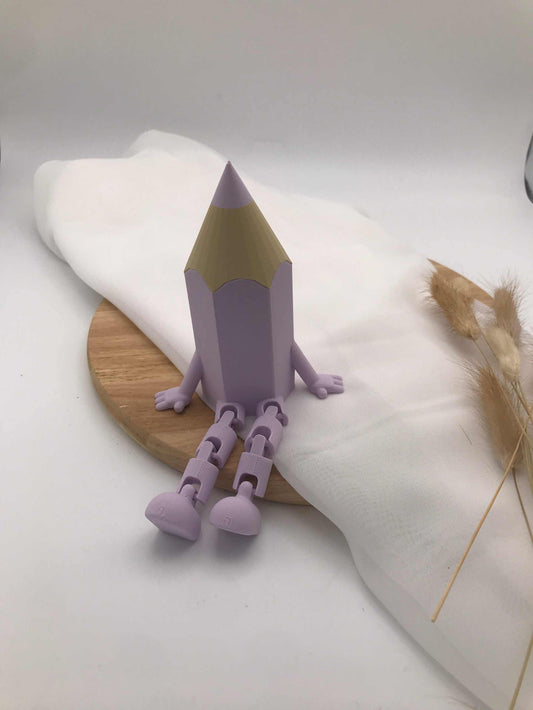 3D Druck Deko Stift mit beweglichen Wackelbeinen in lila für Einschulungsfeier und Schultüte
