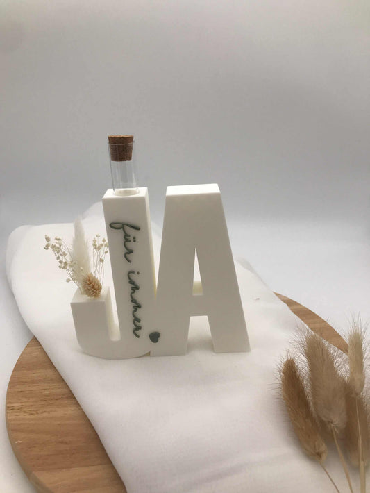 3D-printed "Ja" wedding decoration in white with integrated test tube for money or messages, modern and minimalist design for wedding gift or table decor.