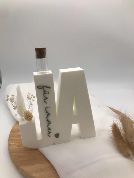 3D-gedrucktes weißes Geldgeschenk „Ja für immer“ mit Reagenzglas und modernem Design zur Hochzeit und Verlobung