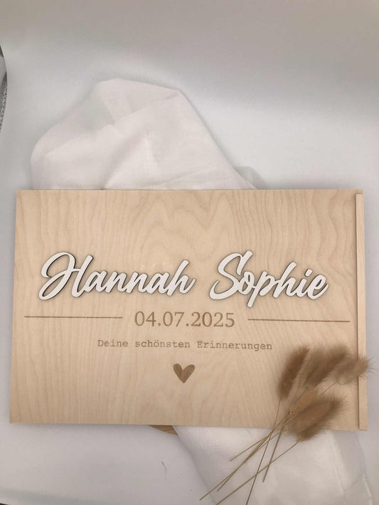 Personalisierte Erinnerungskiste aus Holz mit Gravur und Geburtsdaten Hannah Sophie, stilvolle Aufbewahrung für besondere Momente