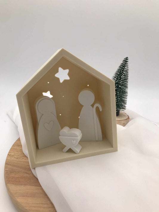 minimalistische Weihnachtskrippe to go aus 3D-Druck PLA in neutralem Farbton mit einfachem Design