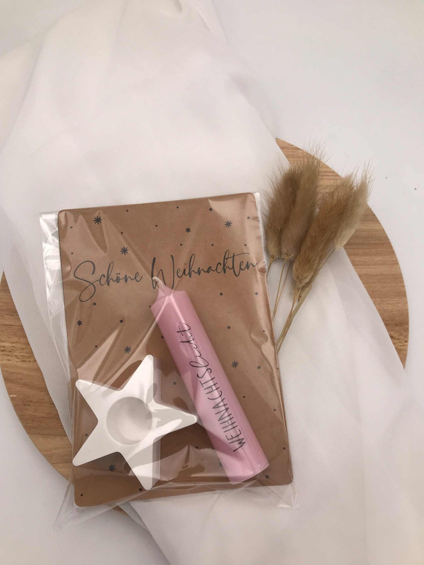 Weihnachtsgeschenk Geschenkset mit Kerze, Stern-Kerzenhalter aus Keramik und Grußkarte in Geschenkbox