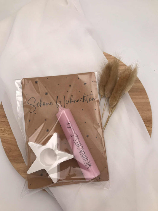 Weihnachtsgeschenk Geschenkset mit Kerze, Stern-Kerzenhalter aus Keramik und Grußkarte in Geschenkbox