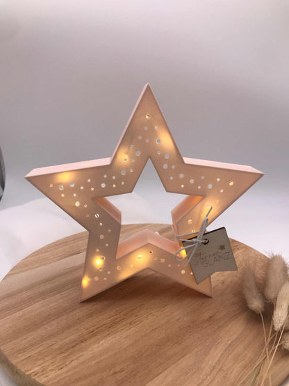 Handgemachte Stern Lampe aus PLA mit warmweißem LED-Licht, nachhaltige Weihnachtsdeko stehend und auf Stab in 3D-Druck