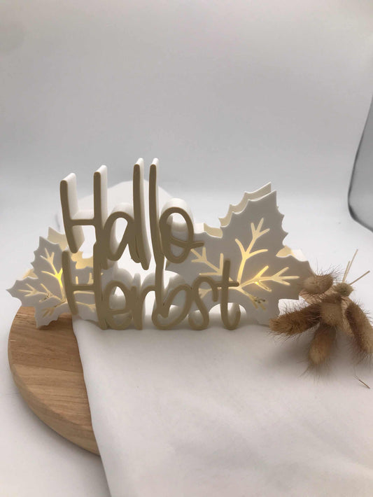 Schriftzug "Hallo Herbst" aus 3D-Druck mit Blättern und Ballonlichtbeleuchtung, herbstliche Dekoration