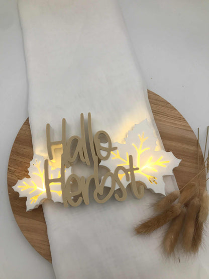 Schriftzug "Hallo Herbst" aus 3D-Druck mit Blättern und Ballonlichtbeleuchtung, herbstliche Dekoration