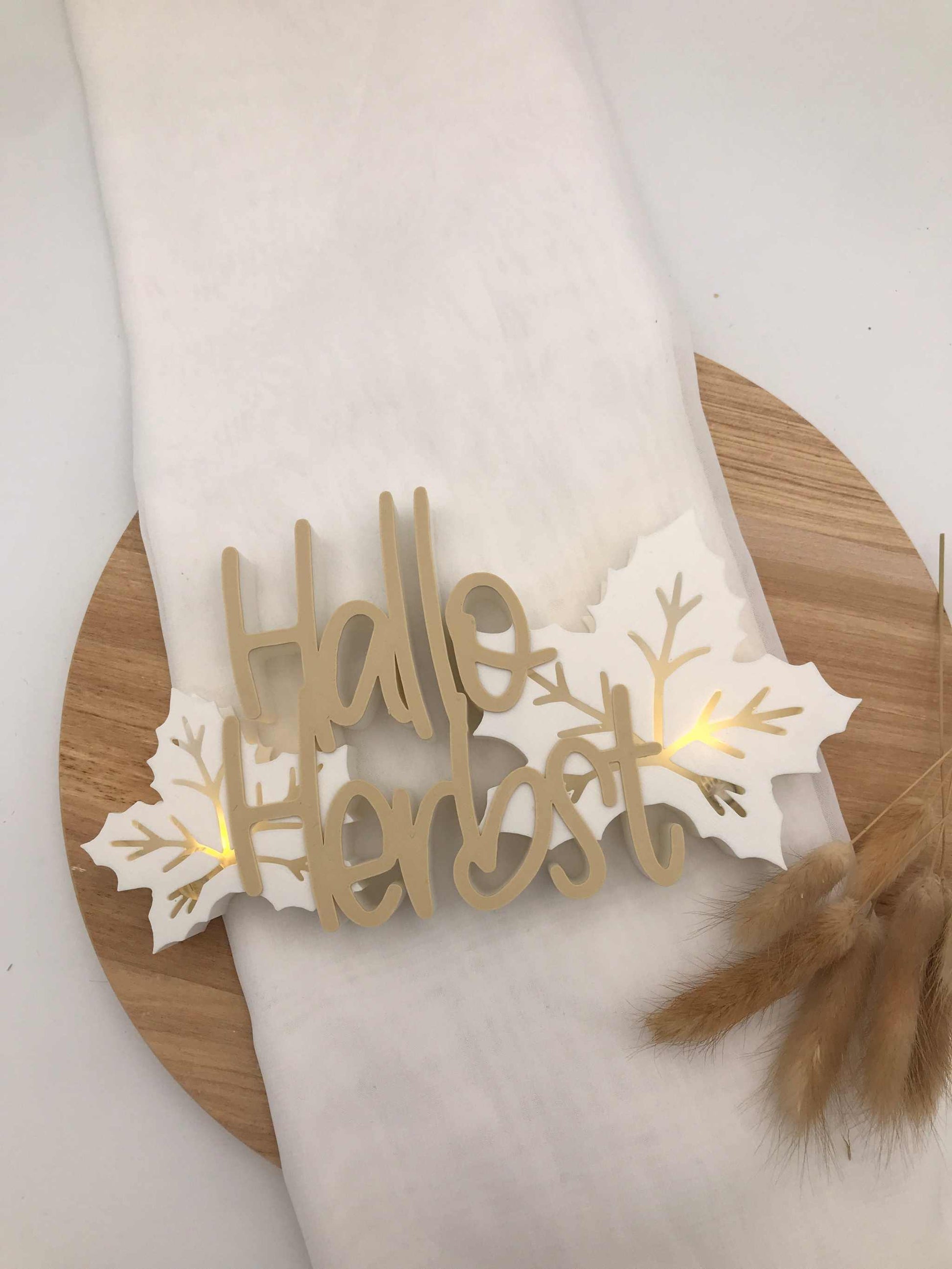 Schriftzug "Hallo Herbst" aus 3D-Druck mit Blättern und Ballonlichtbeleuchtung, herbstliche Dekoration