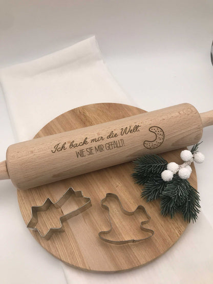 Holz-Teigrolle mit Spruch graviert, handgemachte Backrolle aus Holz, Weihnachtsbacken Geschenkidee, Mini & große Größen