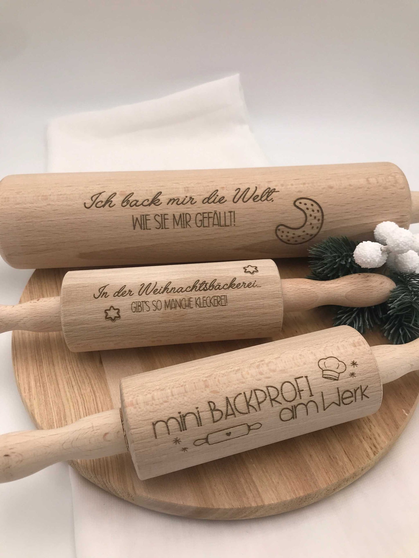 Holz-Teigrolle mit Spruch graviert, handgemachte Backrolle aus Holz, Weihnachtsbacken Geschenkidee, Mini & große Größen